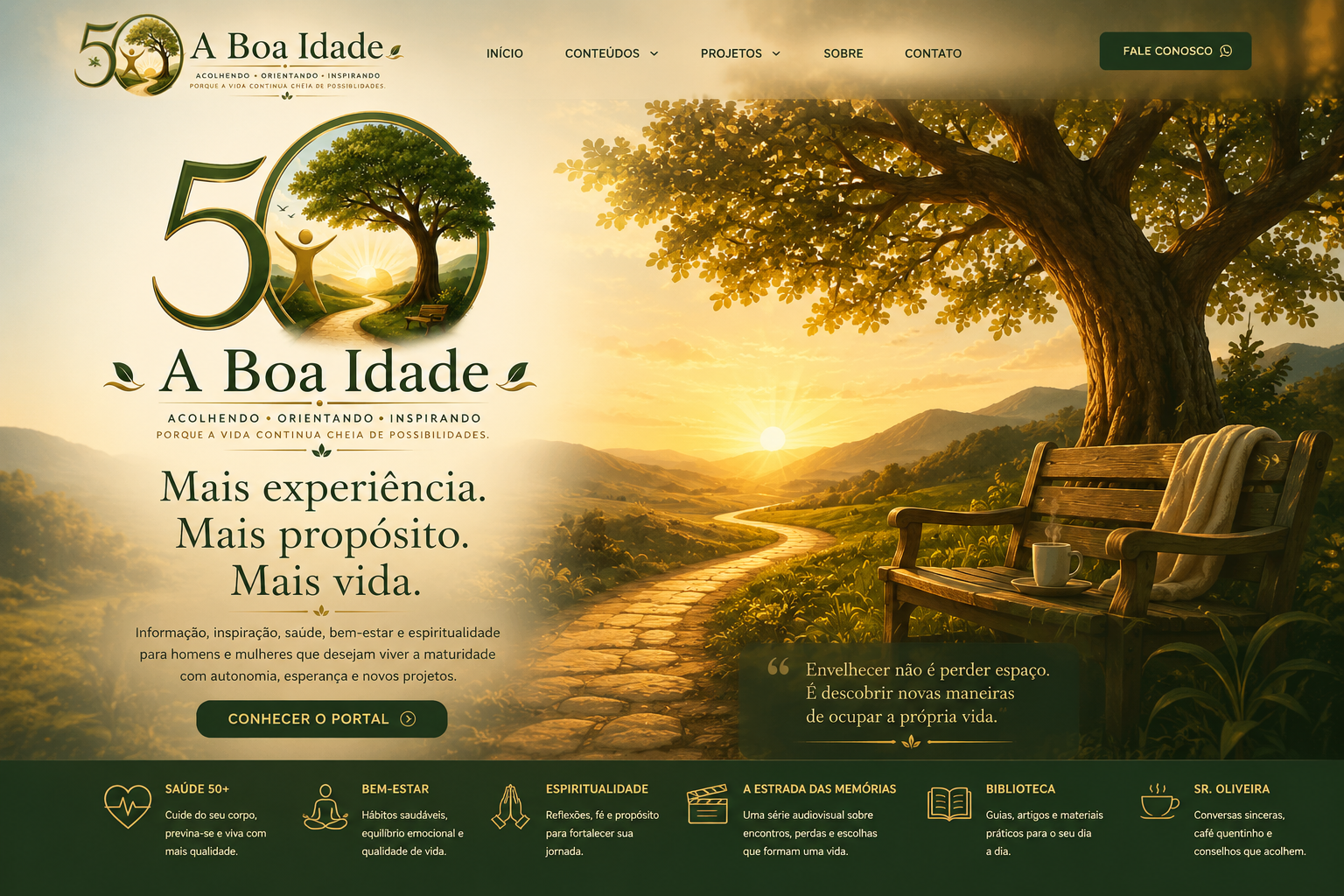 Paisagem acolhedora de A Boa Idade, com árvore, estrada, banco e pôr do sol.