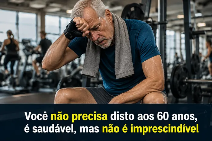Idoso exausto e suado sentado na academia, com a frase: você não precisa disto aos 60 anos, é saudável, mas não é imprescindível.