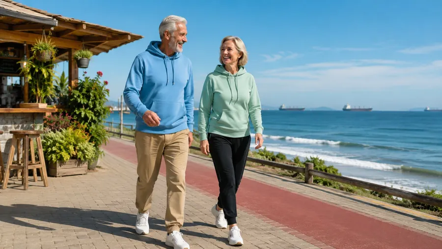 Casal de idosos caminhando ao ar livre à beira-mar, sorrindo, com roupas esportivas.