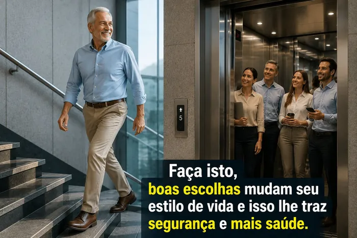 Idoso descendo escadas com tranquilidade e um sorriso, enquanto outras pessoas observam de um elevador aberto, com a frase: faça isto, boas escolhas mudam seu estilo de vida e isso lhe traz segurança e mais saúde.