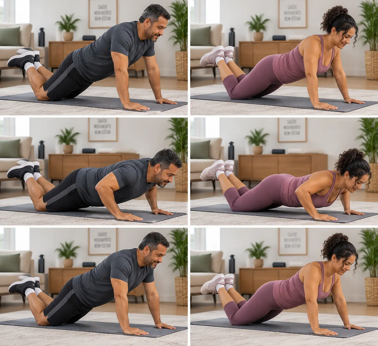 Sequência de três quadros mostrando homem e mulher realizando flexão de braços no chão com os joelhos apoiados