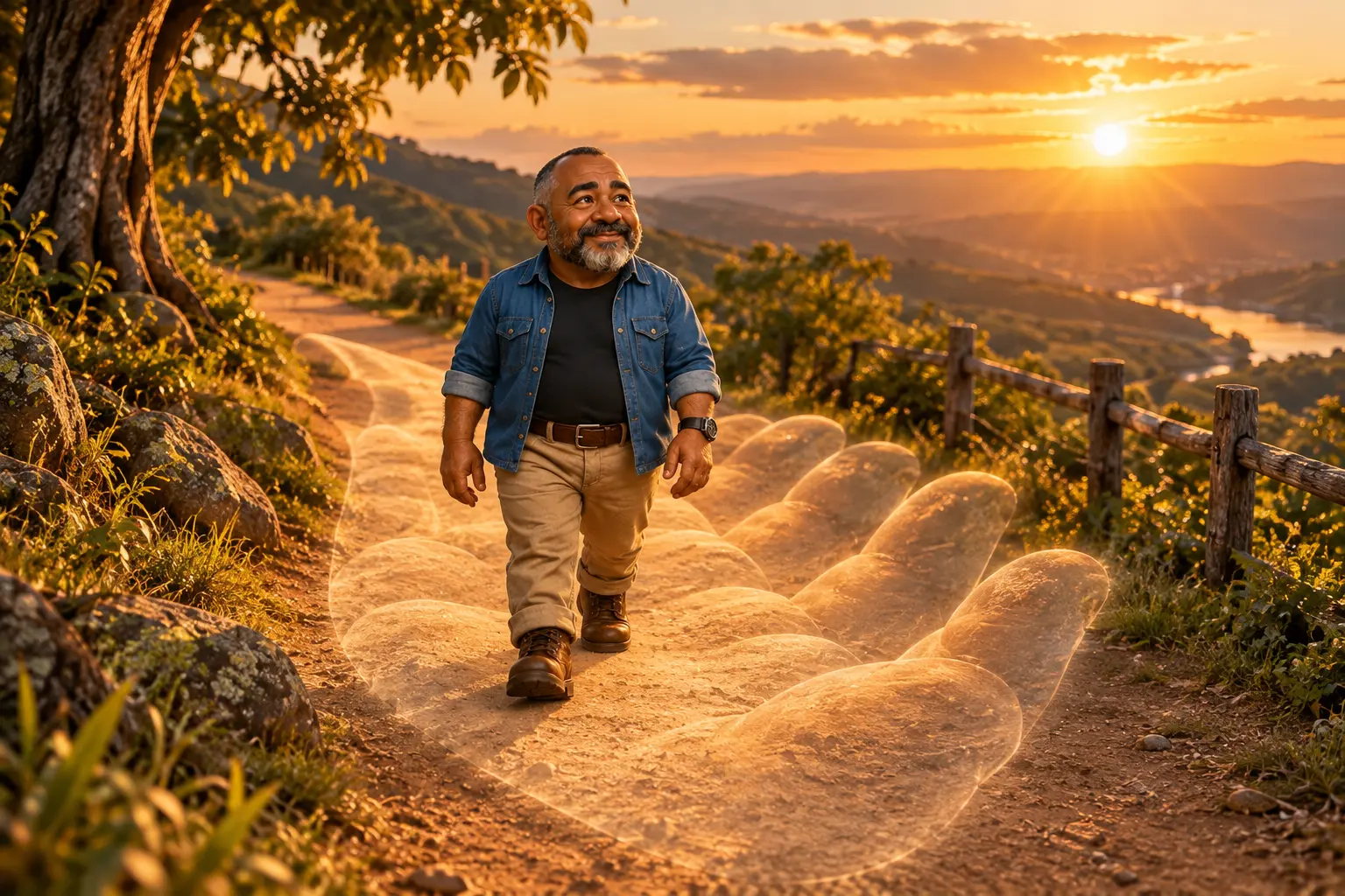 Sr. Oliveira caminhando tranquilo por uma trilha ao entardecer, com o formato de uma mão sutilmente visível no terreno sob seus pés, simbolizando o sustento de Deus