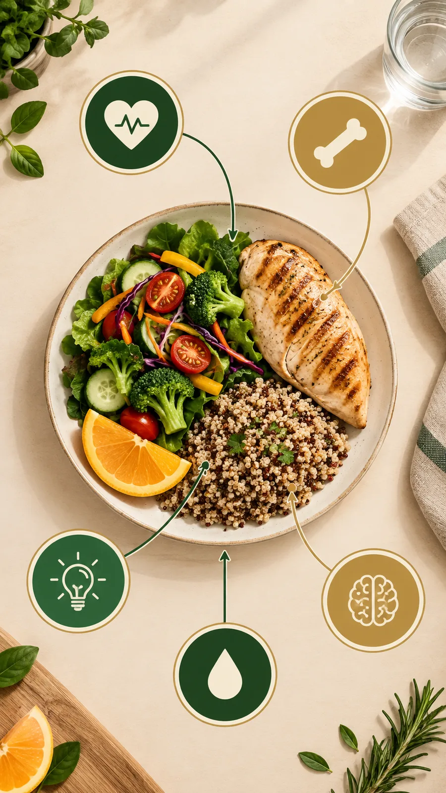 Prato com frango grelhado, salada colorida, quinoa e laranja, com ícones e setas indicando os grupos nutricionais: proteína, cálcio, vitaminas do complexo B, hidratação e função cognitiva.