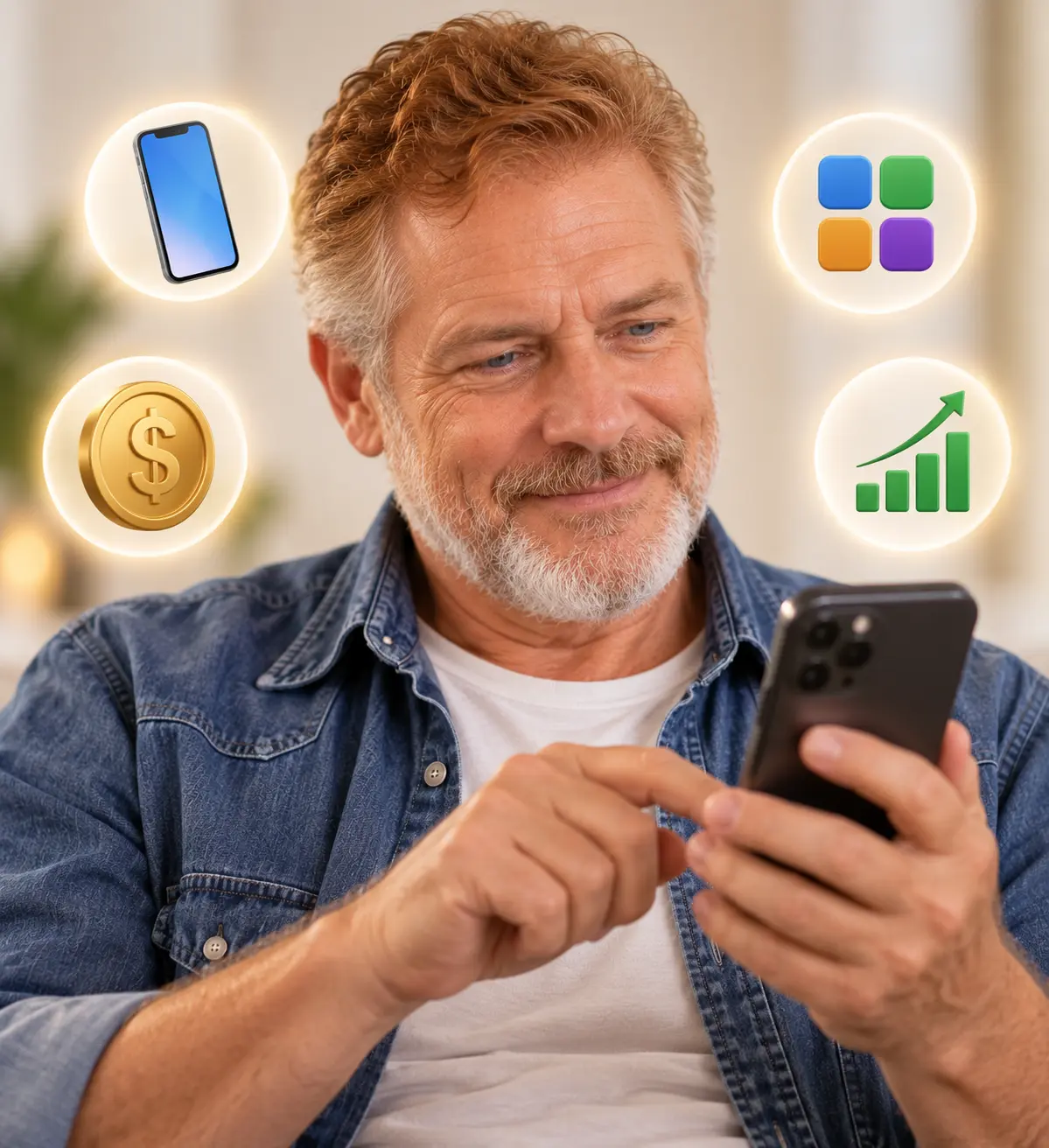 Pessoa de meia-idade sorridente usando o celular, cercada por ícones representando smartphone, aplicativos, dinheiro e gráfico financeiro