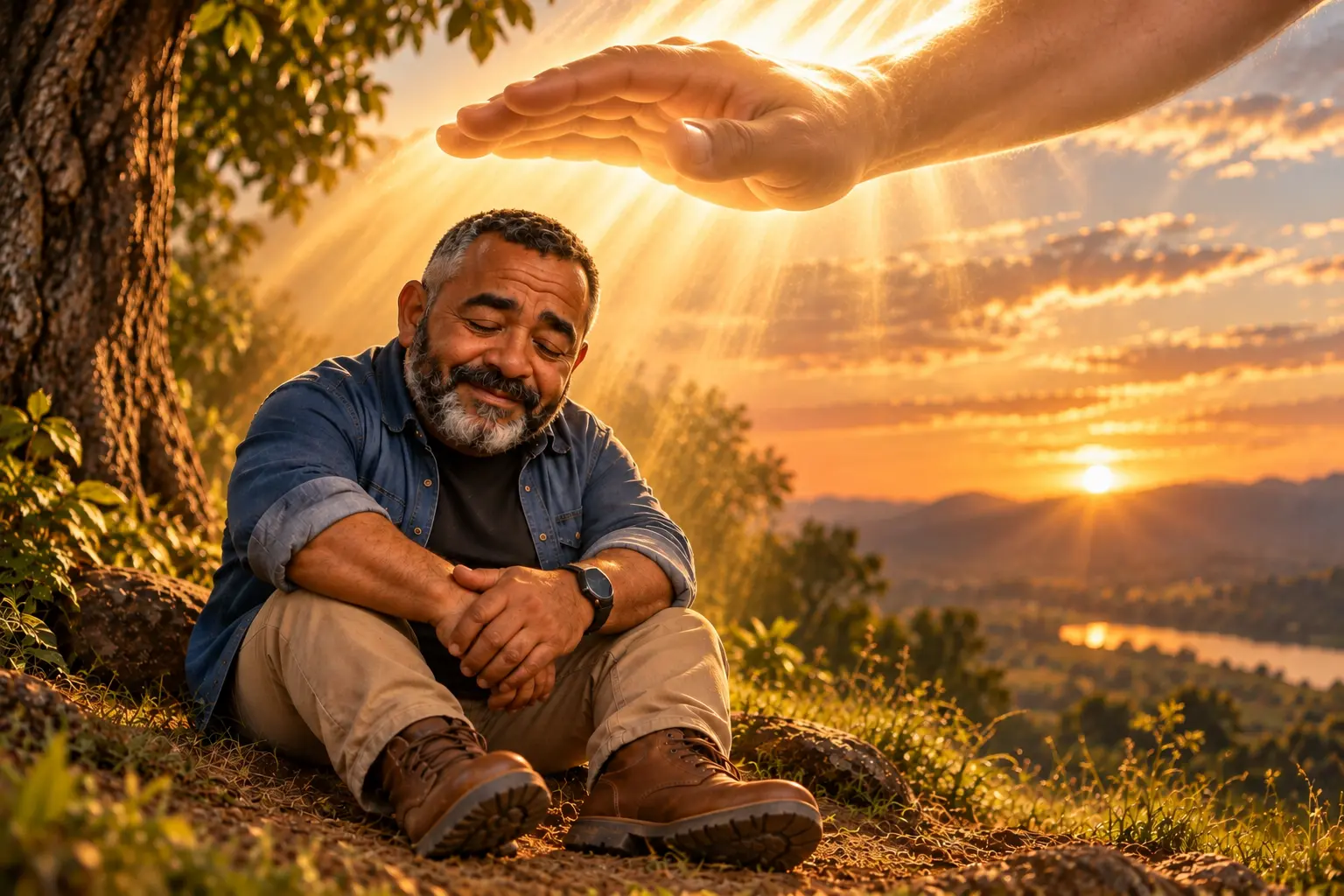 Sr. Oliveira descansando ao ar livre, sob a luz do entardecer, com uma mão simbolizando a proteção divina estendida sobre ele