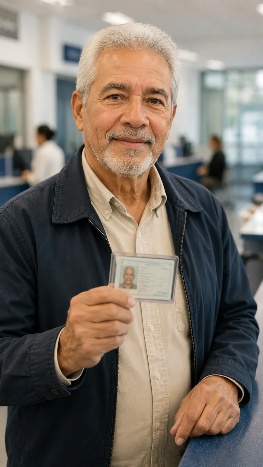 Homem idoso segurando um documento de identificação, em um ambiente de atendimento público, com expressão tranquila.