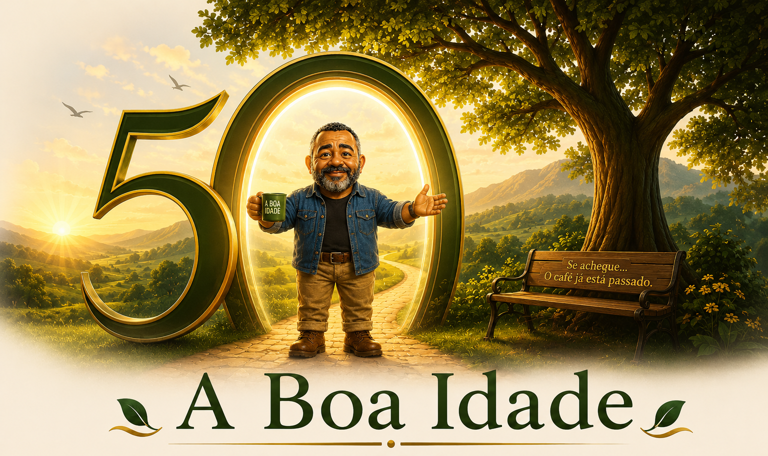 Sr. Oliveira sorridente em um portal dourado com o número 50, em uma paisagem acolhedora ao pôr do sol, com árvore e banco de madeira.